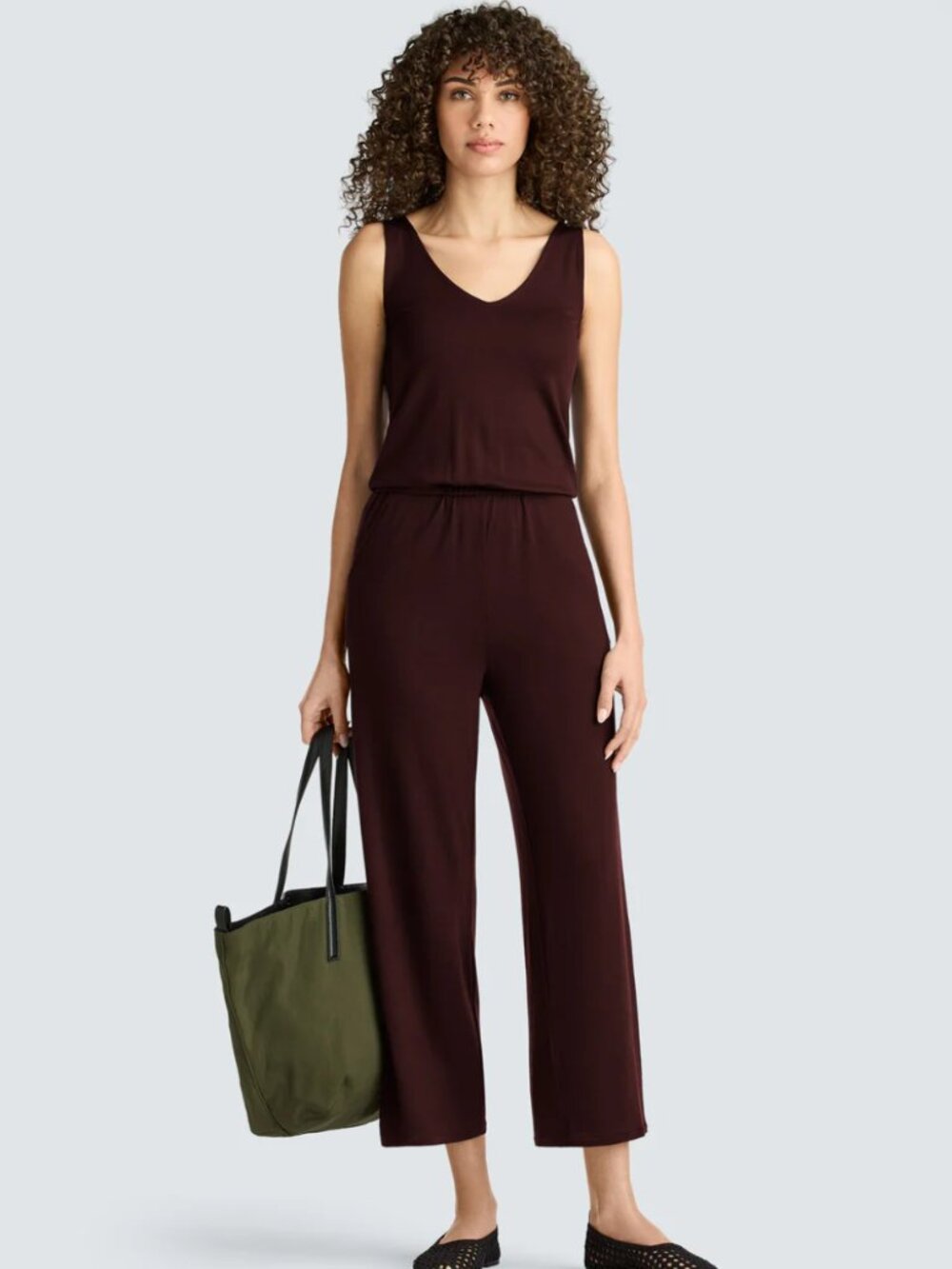 Unbound Merino Travel Jumpsuit Size XL Stout Brown Wool Blend V Neck Sleeveless